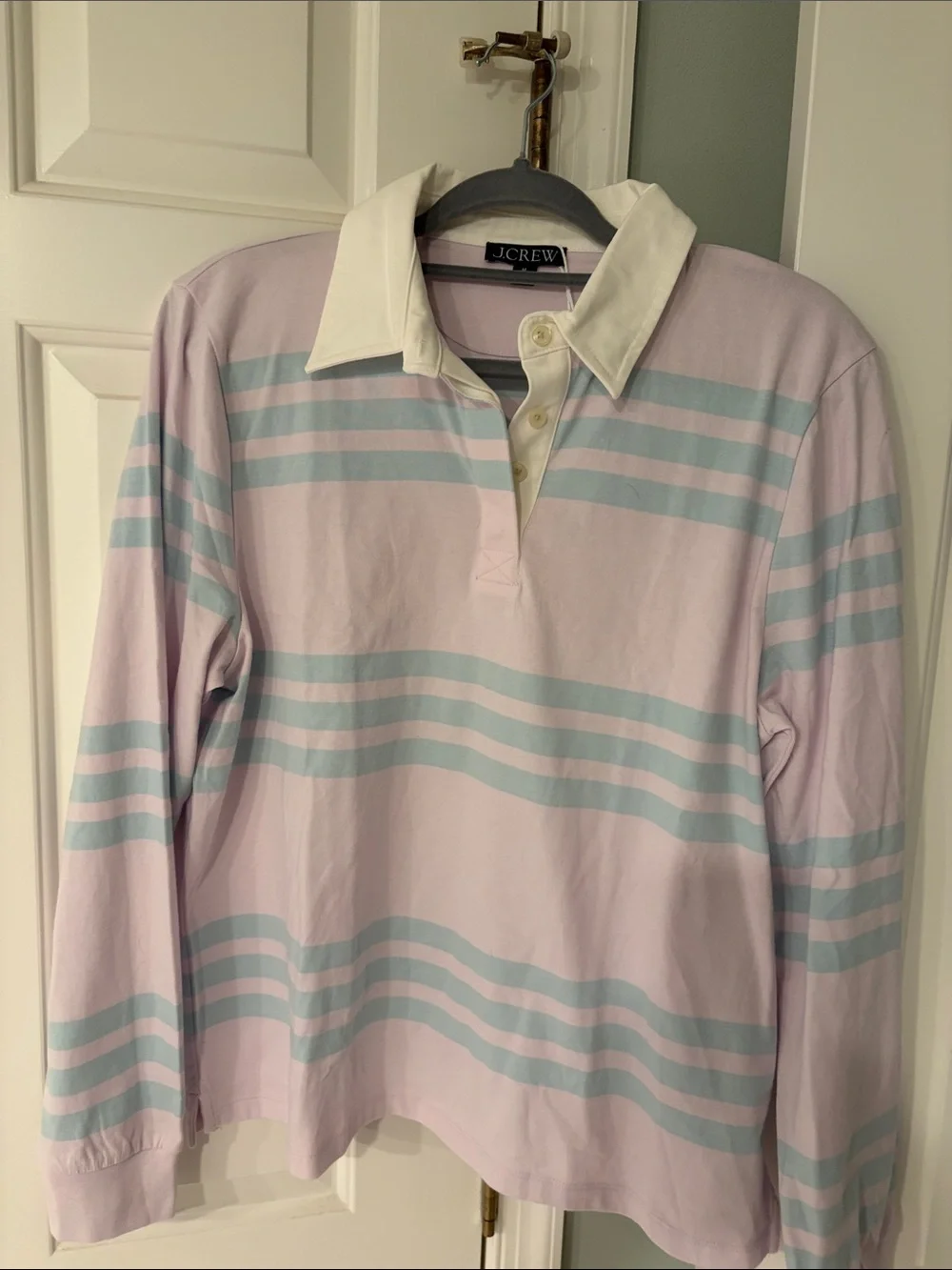 J. Crew Lavender and Pale Blue Striped Rugby Polo with White Collar